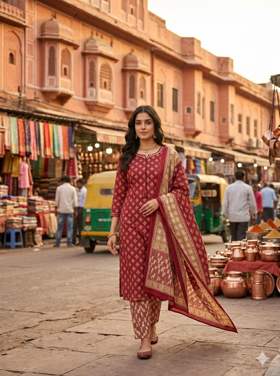 Hand Printed Maroon Cotton Kurta Set 102260