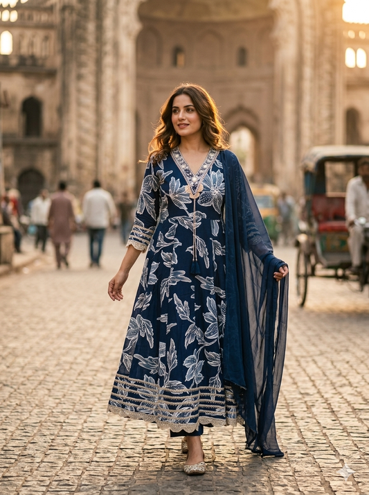 Elegant Blue Floral Embroidered Anarkali Kurta Set with dupatta 57946