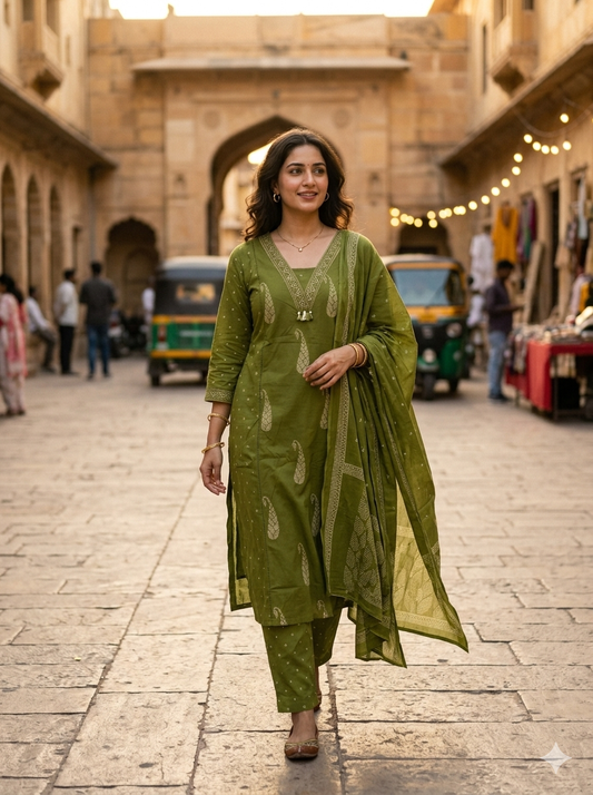 Beautiful Hand-Printed Green Paisley Cotton Kurta Set with dupatta 110374