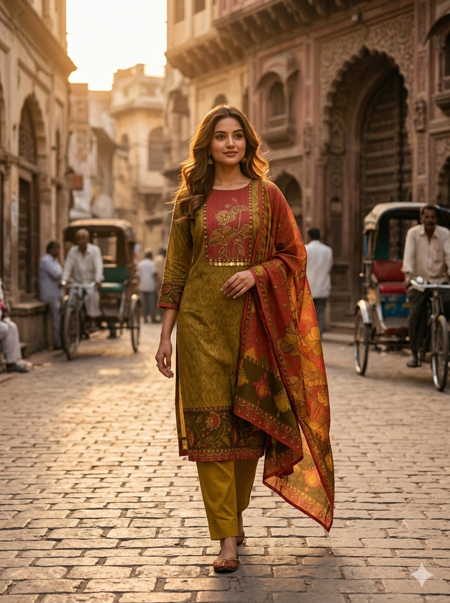 Stylish Mustard Green Cotton Kurta Set with dupatta 96872