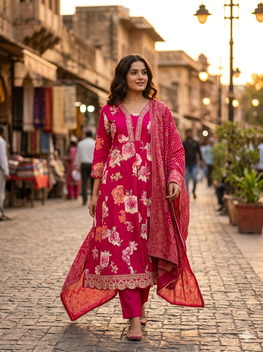 Vibrant Fuchsia Floral Printed Anarkali Kurta Set for Women 57392