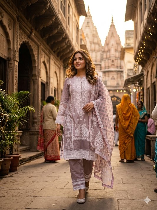 Elegant Lavender Embroidered Cotton Kurta Set with Designer Dupatta 90411