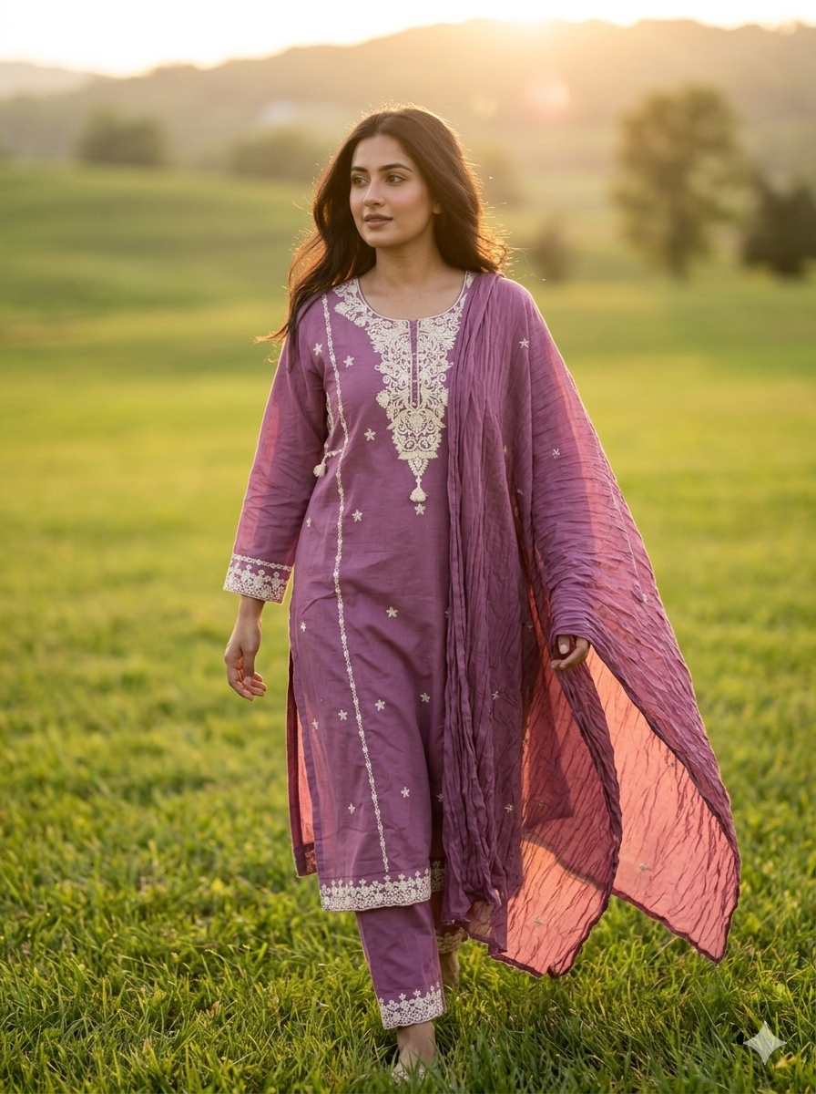 Elegant Mauve Embroidered Cotton Kurta Set with Matching Dupatta 96876