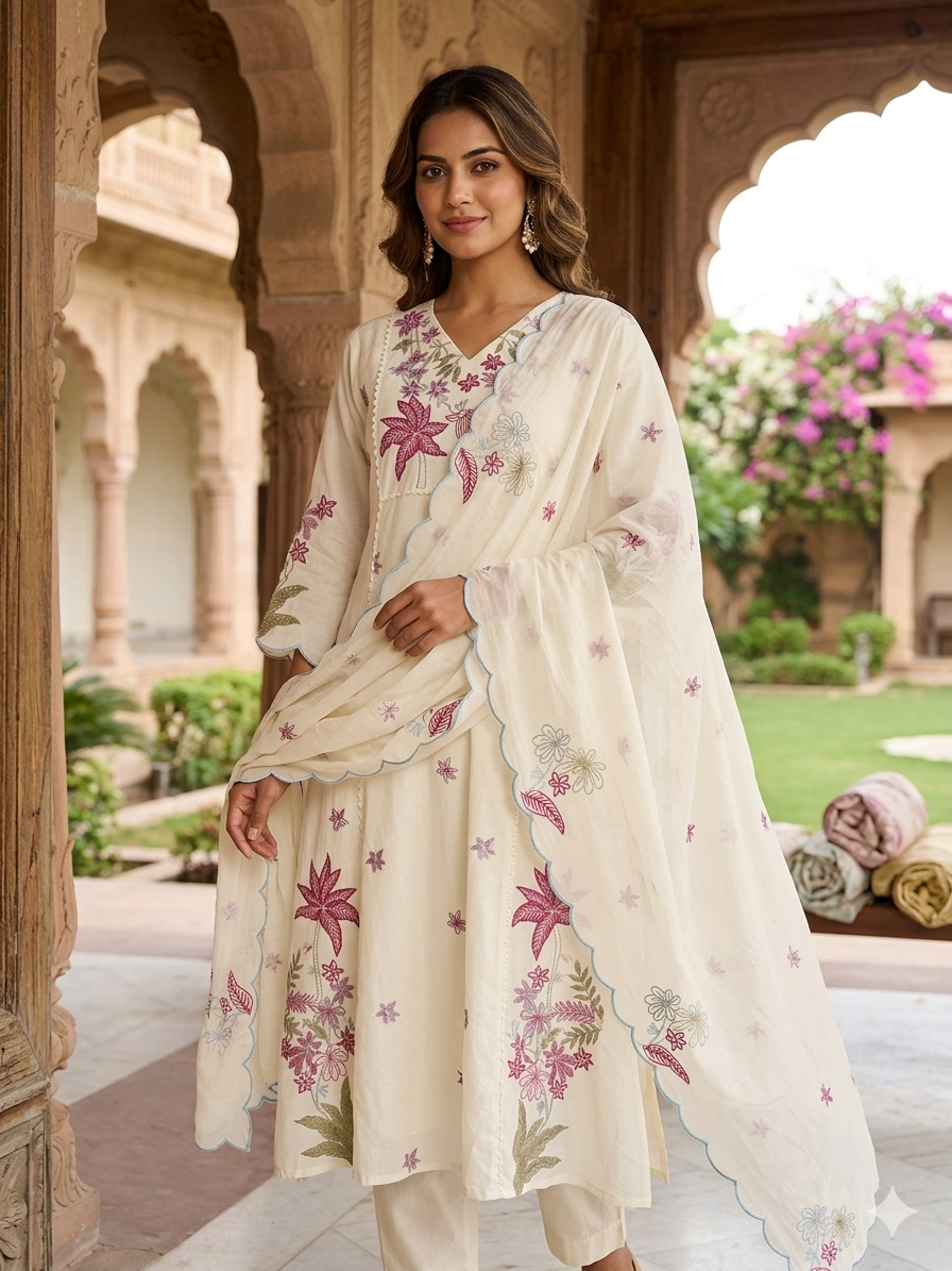 Elegant Ivory Embroidered Kurta Set with Scalloped Dupatta 96570