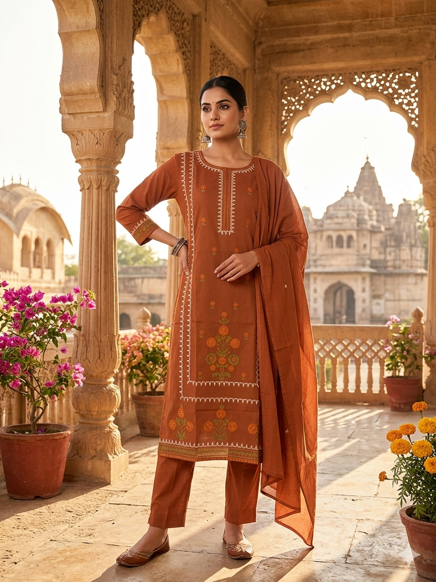 Elegant Embroidered Rust Floral Embroidered Ethnic Suit with dupatta PSDC3-96450