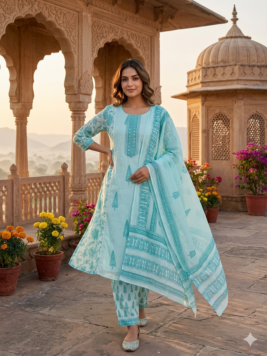 Refreshing Pastel Blue Printed Cotton Kurta Set with Dupatta CottonRmk Kiran