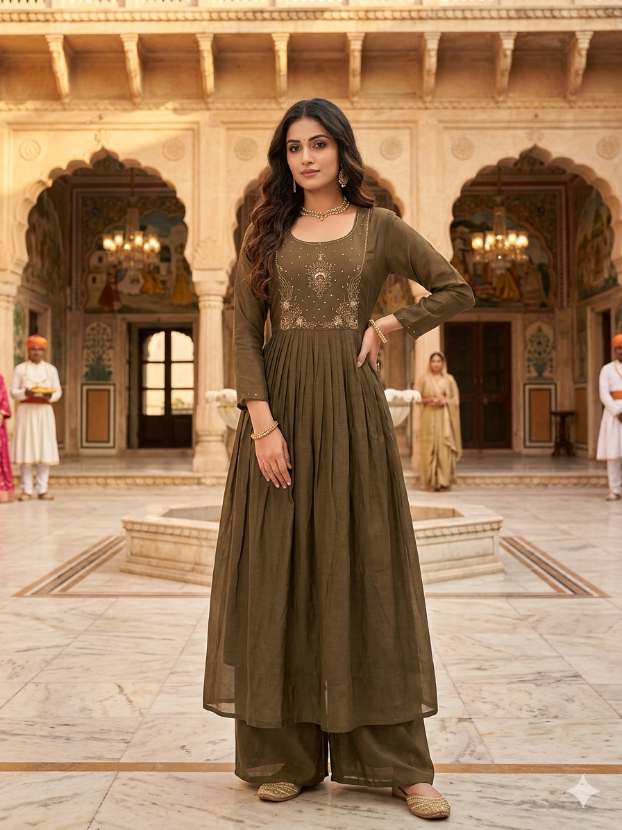 Elegant Olive Green cotton Anarkali Suit with Palazzo Pants & Gold Embroidery SL03