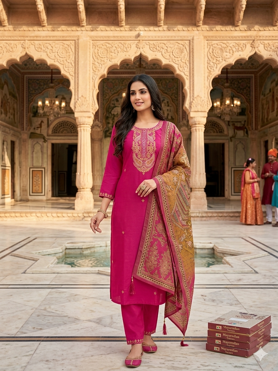 Vibrant Fuchsia Embroidered cotton Kurti With Straight Cut Pant With DupattaSL05