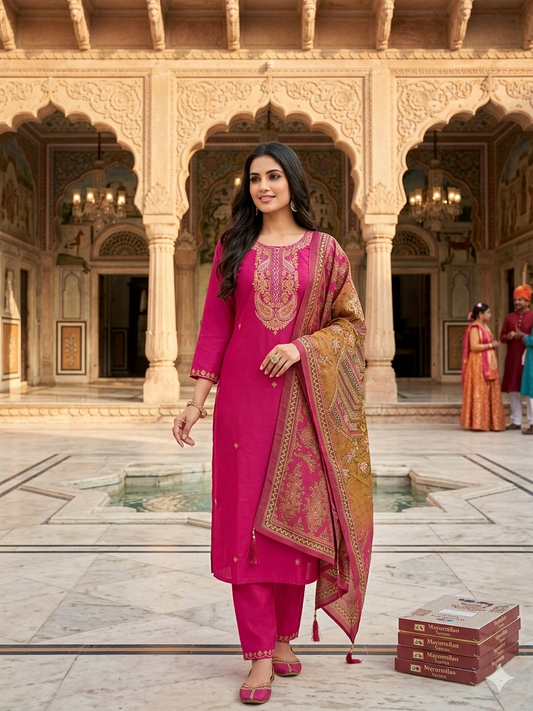 Vibrant Fuchsia Embroidered cotton Kurti With Straight Cut Pant With DupattaSL05