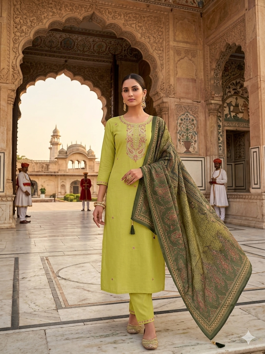 Elegant Lime Green Neck Embroidered Cotton Kurti with Dupatta SL05