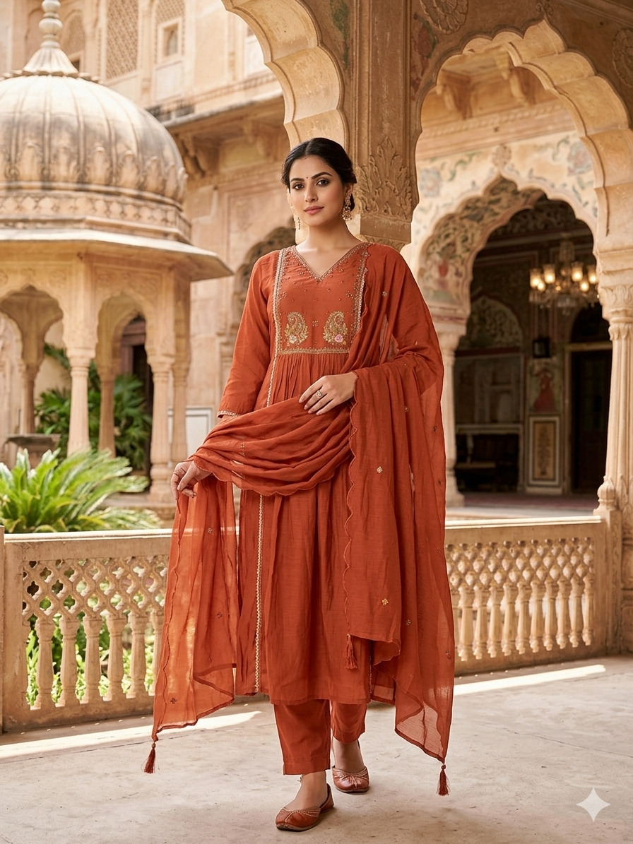 Elegant Rust-Orange Embroidered Kurta Pant Set with Scalloped Dupatta and Bead Details SL02