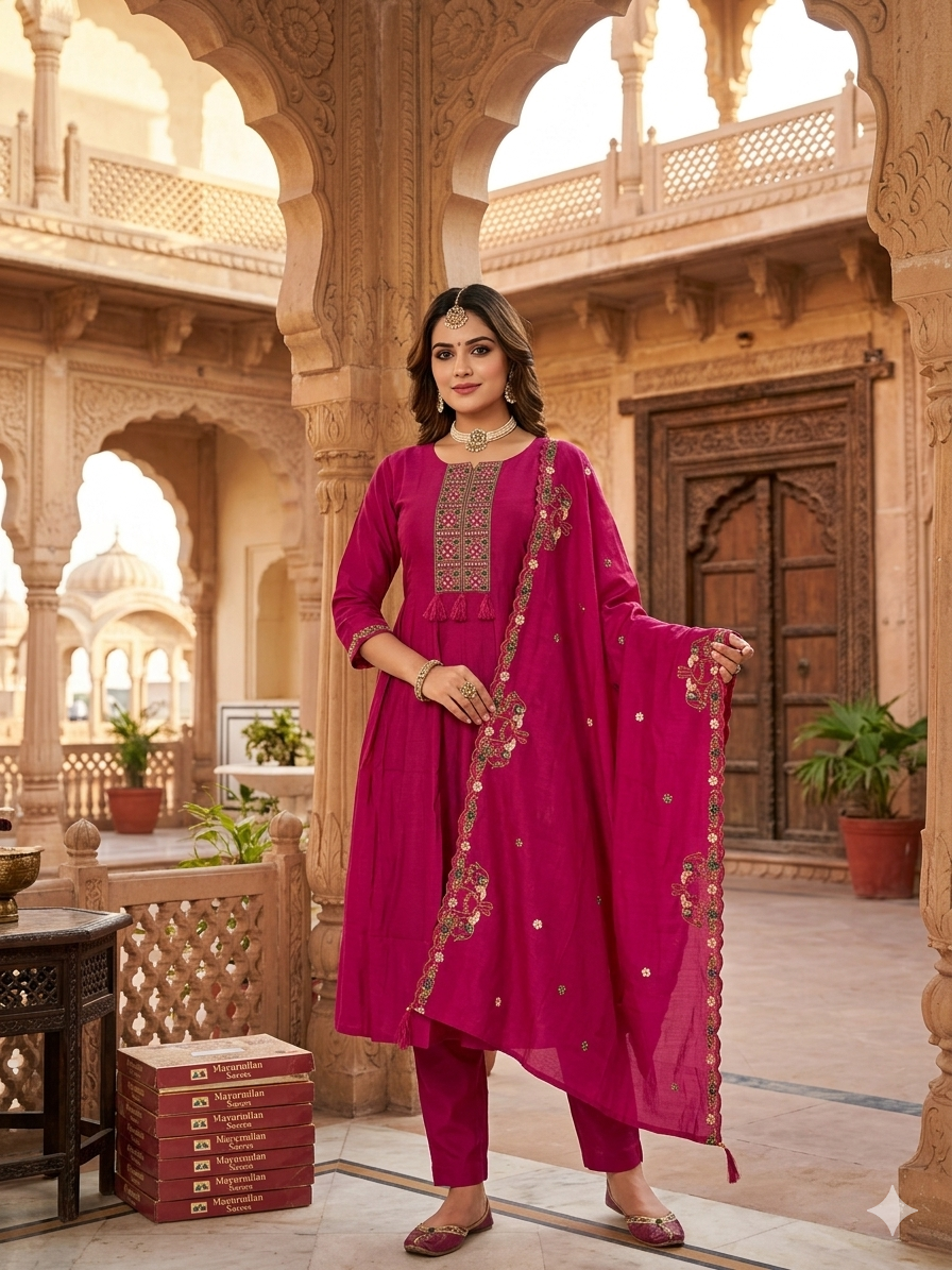 Elegant Fuchsia Embroidered Kurti Set with Detailed Back and Front Design with Dupatta SL12