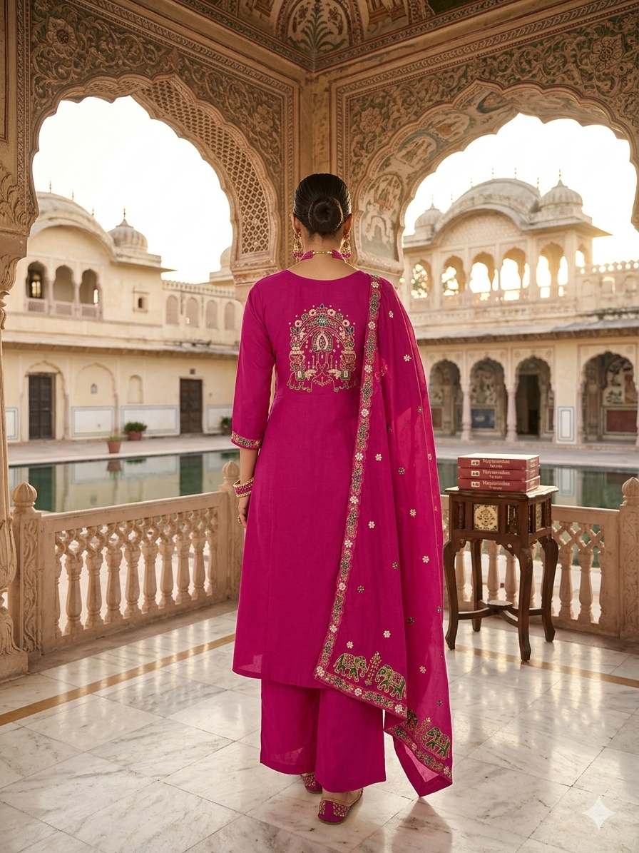 Elegant Fuchsia Embroidered Kurti Set with Detailed Back and Front Design with Dupatta SL12