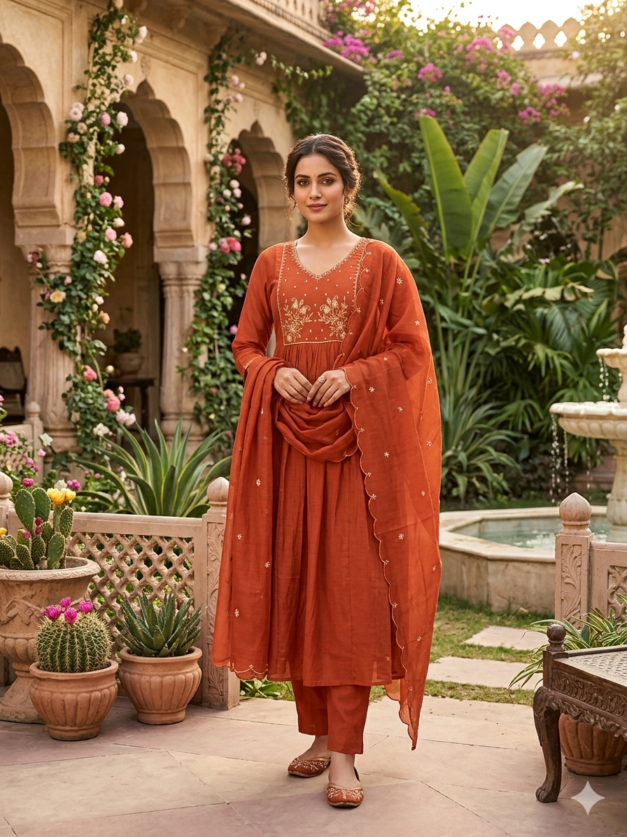 Radiant Rust Orange Embroidered Anarkali Kurti  Set with Matching Dupatta SL01