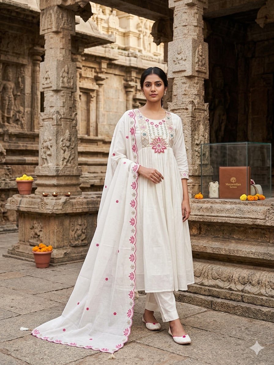 Elegant White Anarkali Kurti Set with Intricate Pink Floral Embroidery and Matching Dupatta SL06