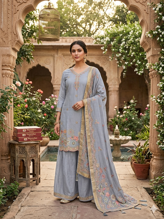 Sophisticated Light Grey cotton Kurti Sharara Set with Intricate Floral Embroidery and Zari Work Border Dupatta SL10