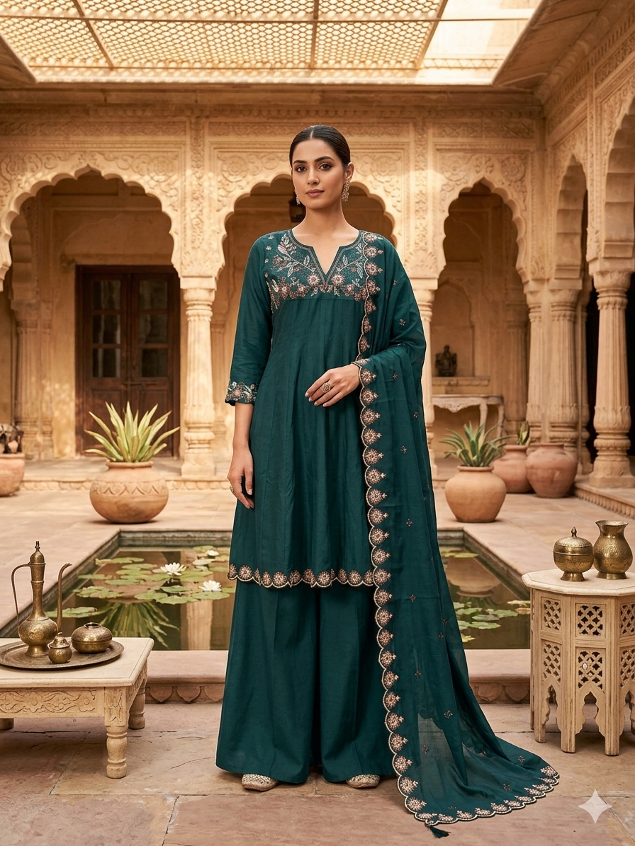 Teal Blue Kurti Set with Intricate Floral  Embroidery with Scalloped Border Dupatta SL11