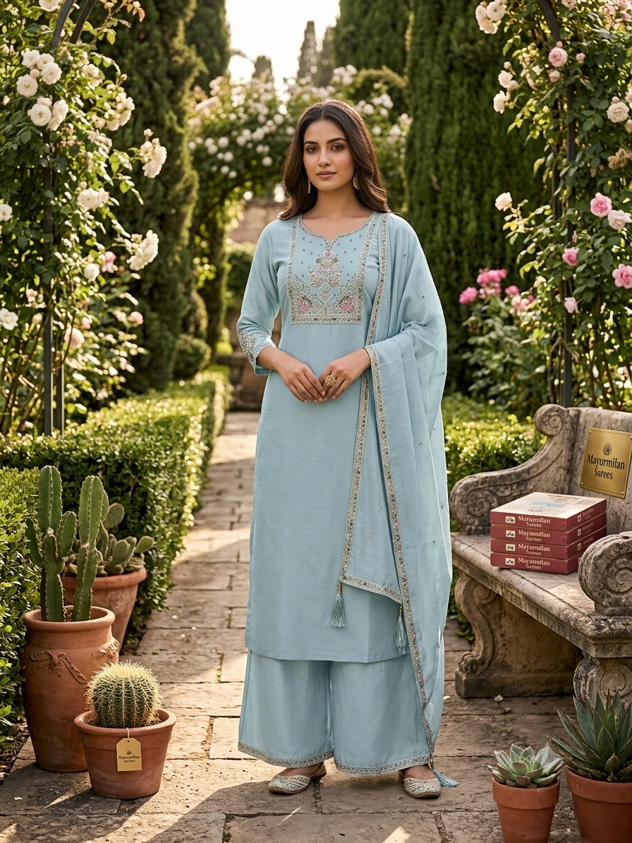 Elegant Ice Blue  cotton Kurti Set with Intricate Floral Bodice Embroidery, Matching Wide-Leg Palazzos, and Scalloped Border Dupatta  SL07