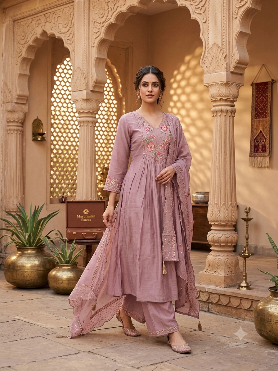 Graceful Mauve  cotton Pleated Kurti Set with Intricate Floral Embroidery, Matching Wide-Leg Palazzos, and Detailed Border Dupatta SL04