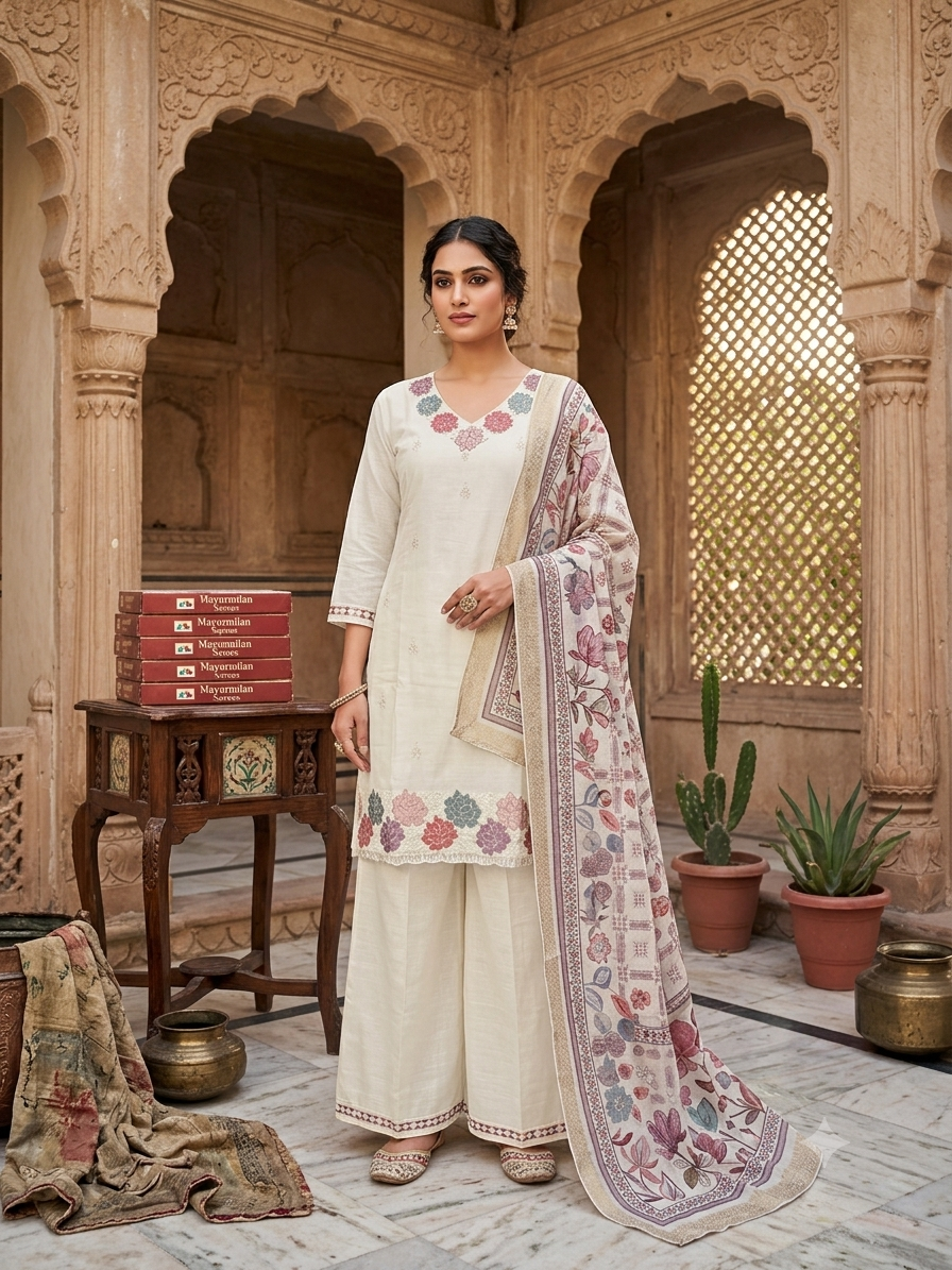 Elegant Off-White cotton Kurti  Set with Intricate Floral Bodice and Hem Embroidery, Matching Wide-Leg Palazzos, and a Patterned Artistic Floral Print Dupatta SL13