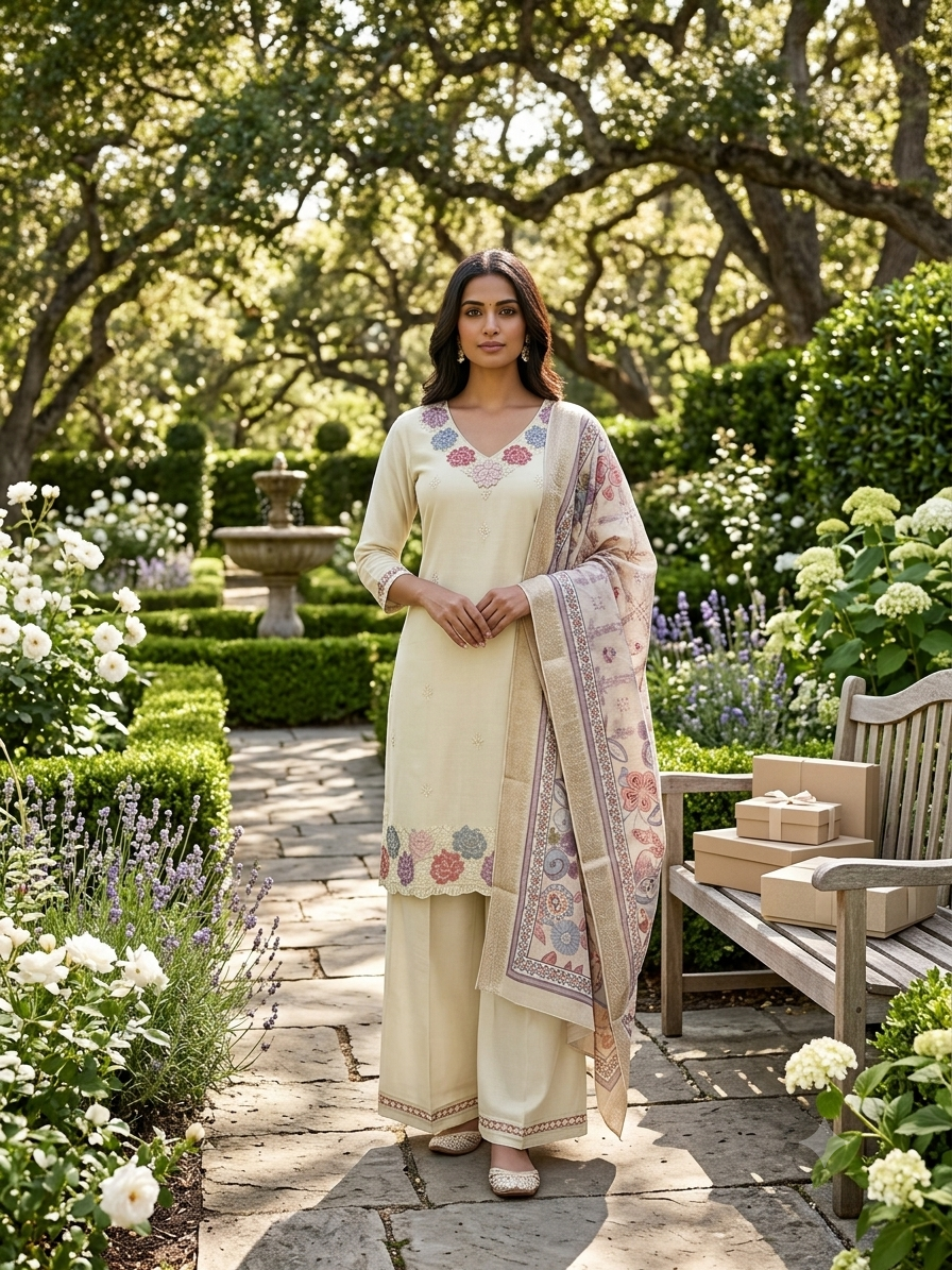Graceful Pale Yellow cotton Kurti  Set featuring Intricate Floral Bodice Embroidery, Matching Wide-Leg Palazzos, and an Artistic Floral Print Dupatta SL13
