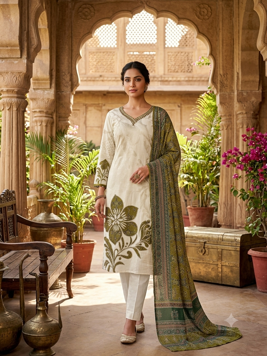Elegant Off-White Kurti Set with Olive Green Sequin Floral Appliqué and Patterned Dupatta