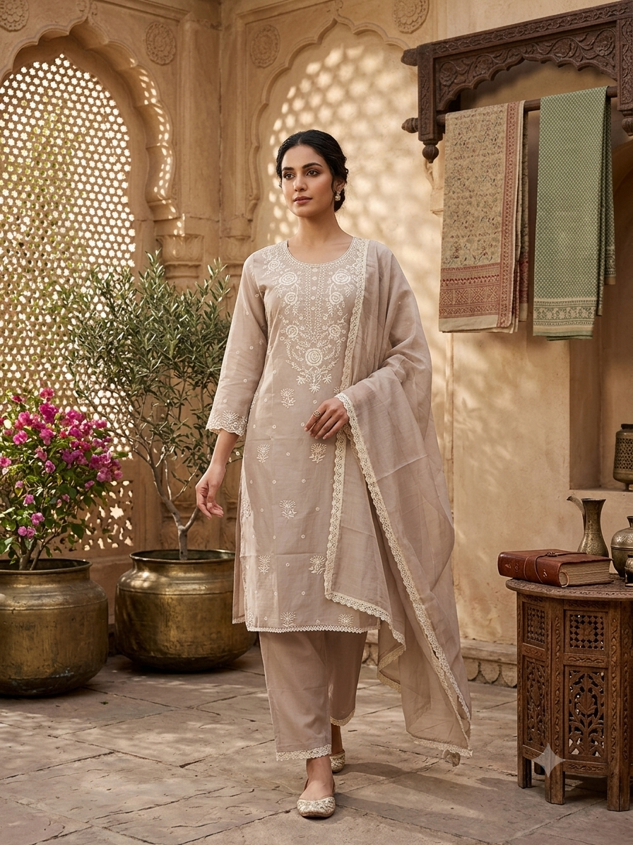 Elegant Beige Embroidered Kurti with Dupatta Delicate Lace Details and Matching Soft Trousers
