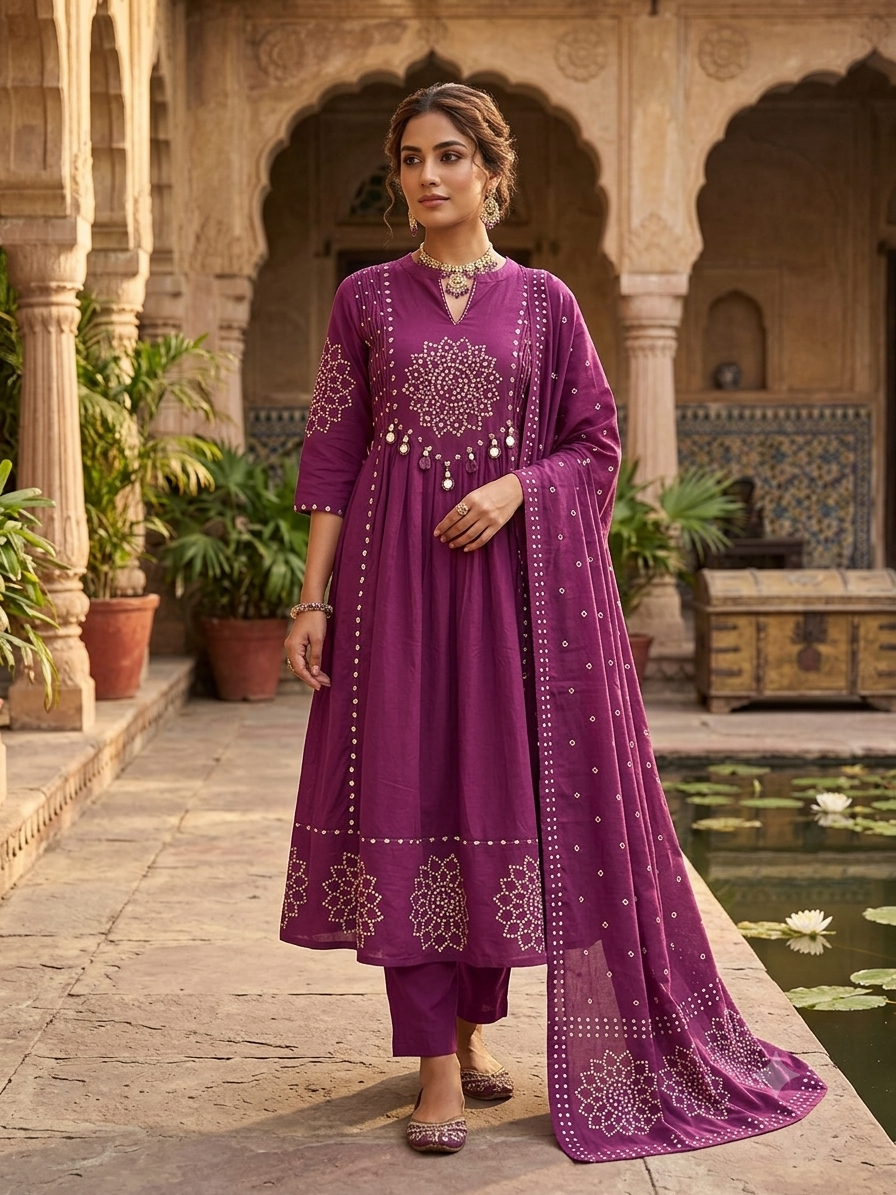 Elegant Purple Bandhani Print kurti Anarkali Suit with Mirror Work with Dupatta