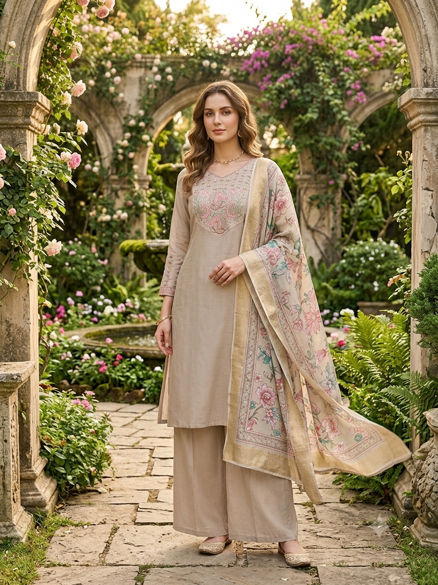 Elegant Beige Embroidered Kurti Set with Wide-Leg Palazzos and Beautiful Floral Print Dupatta