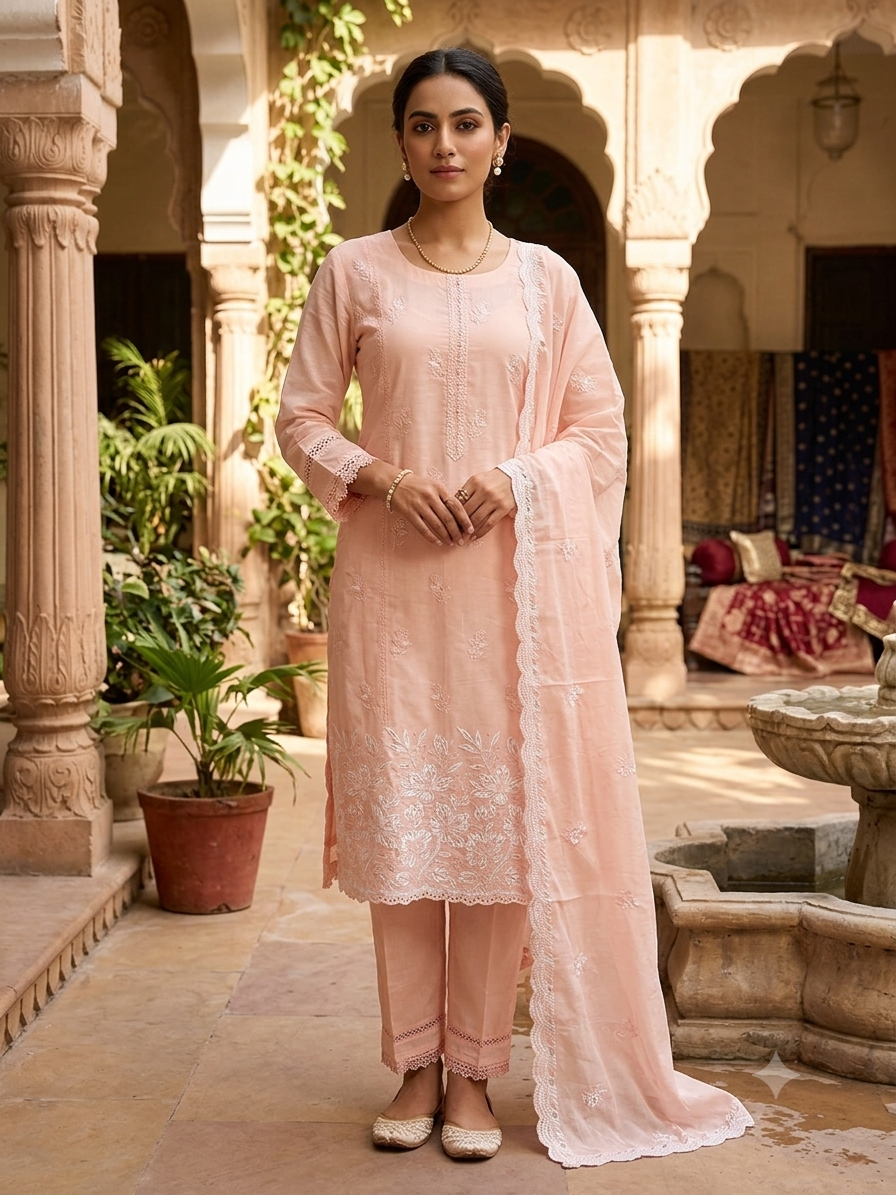 Elegant Peach Chikankari Kurti Set with Intricate White Embroidery, Lace Borders, and Matching Dupatta