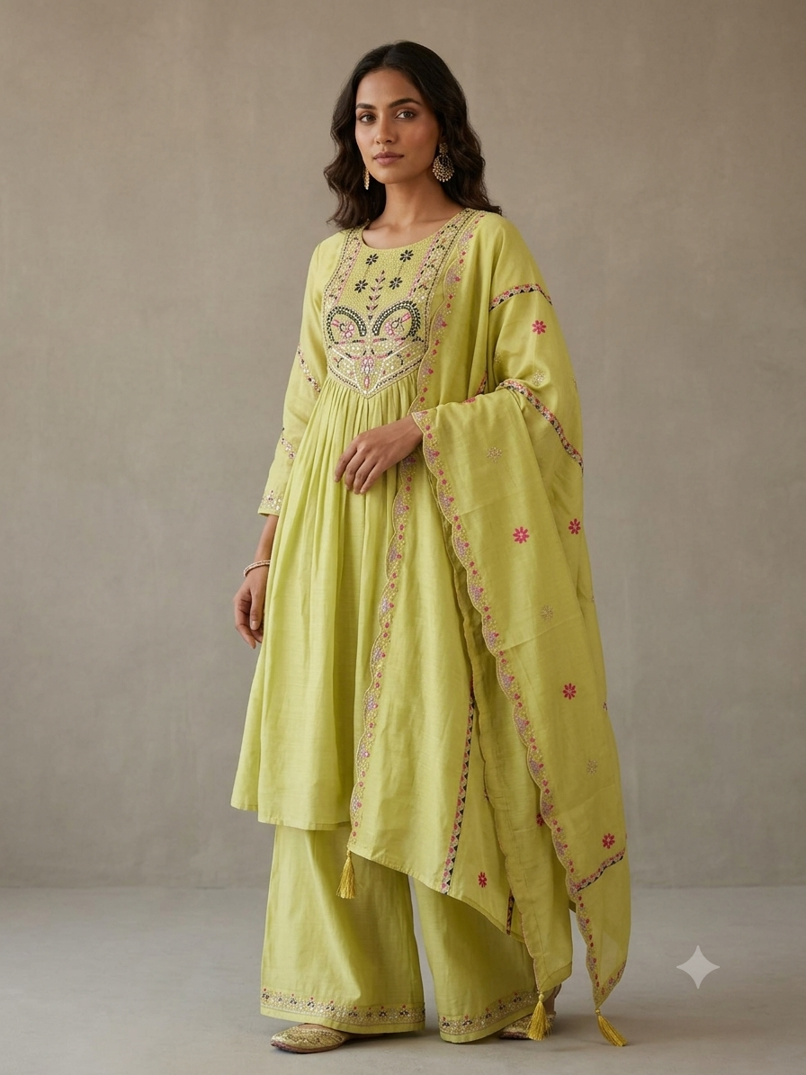 Vibrant Lime Green Embroidered Kurti Set with Flowy Palazzo Pants and Matching Floral Printed Dupatta