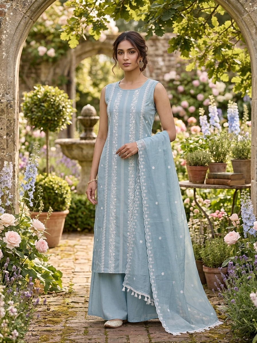 Sleeveless Powder Blue Embroidered Kurti  Set with Flowy Palazzo Pants and Matching Scalloped Lace Dupatta SL09