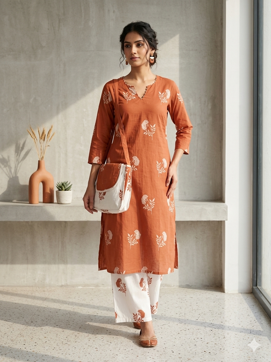 Rust Colour Cotton Cord Set With Side Bag 17031