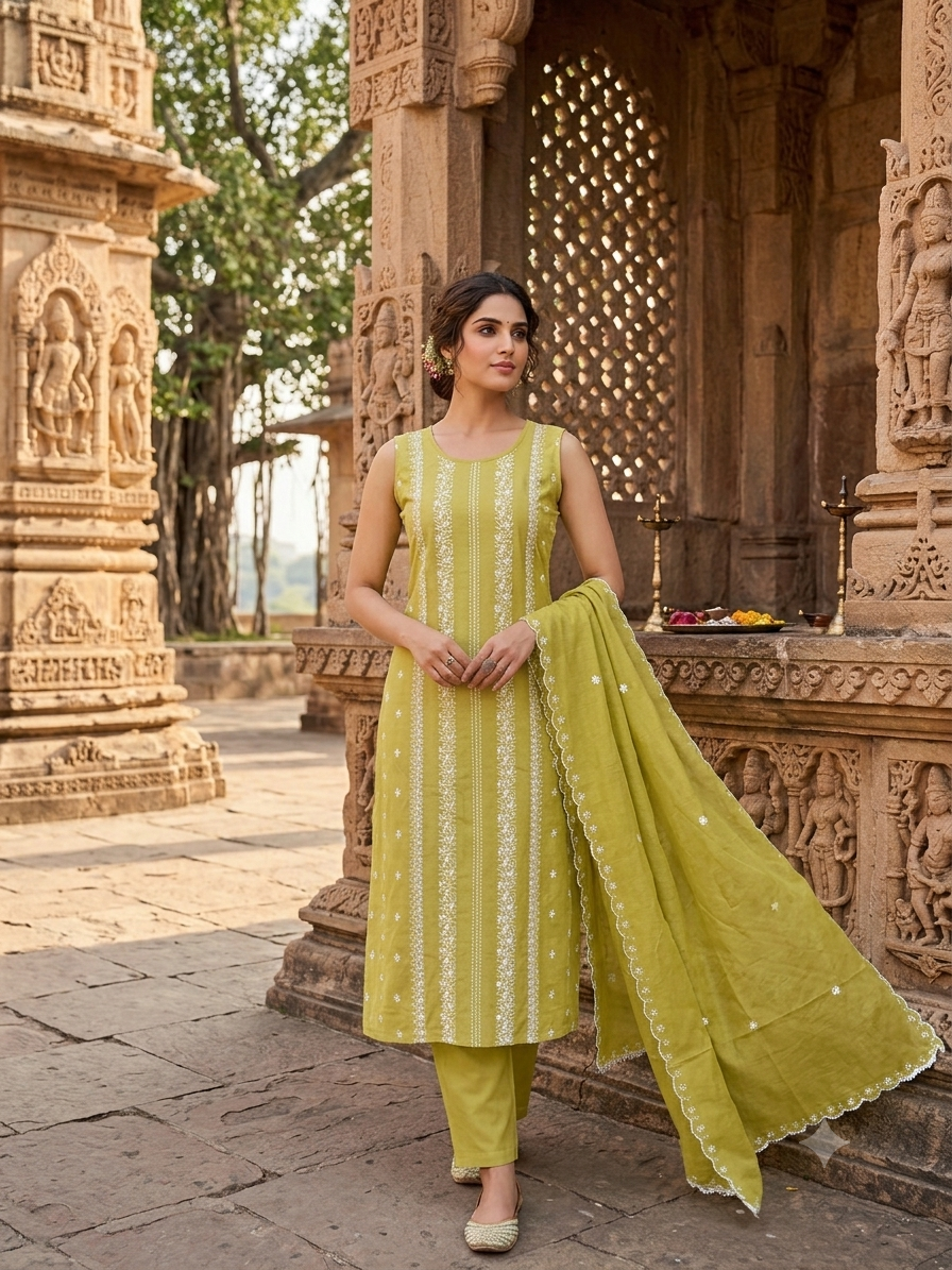 Elegant Sleeveless Olive Green Kurti  Set with Delicate White Floral Embroidery and Matching Dupatta