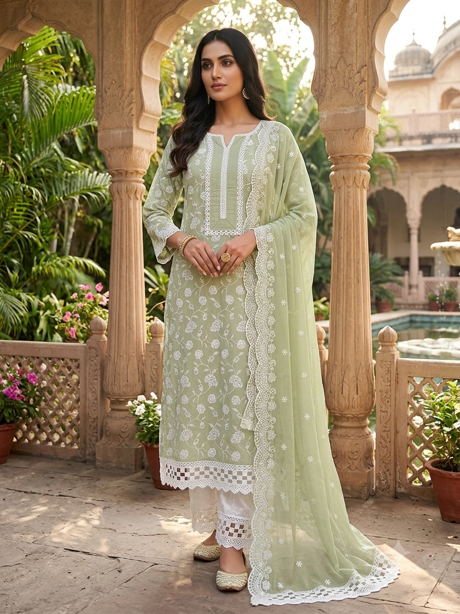 Sage Green Cotton Kurti Set with Intricate White Embroidery and Matching Dupatta