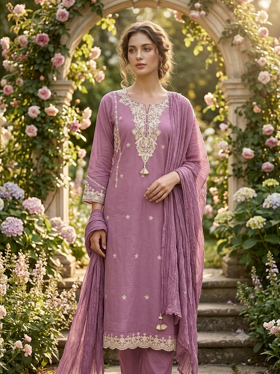Stunning Mauve Embroidered Kurti Set with Matching Dupatta 96876