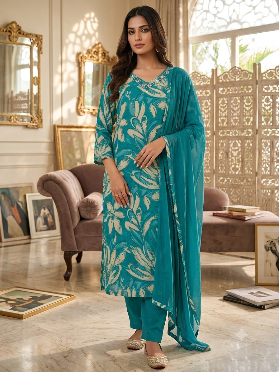 Stunning Turquoise Floral Print Kurti Set With Matching Dupatta and Elegant Neckline Detail  CH 1