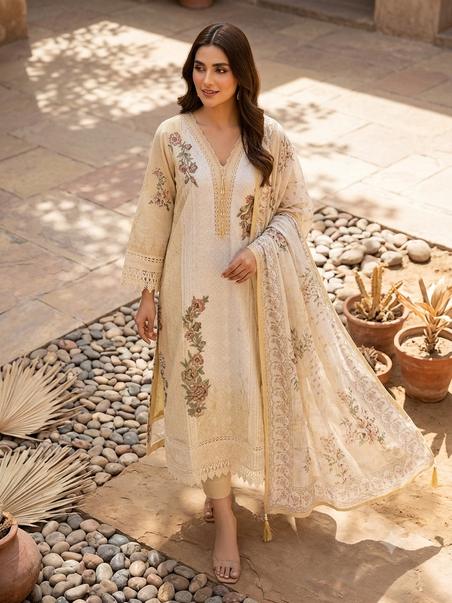 Stunning Cream Embroidered Kurti Set With Matching Floral Dupatta JB-3