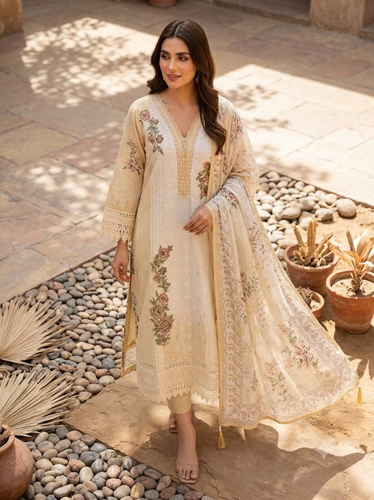 Stunning Cream Embroidered Kurti Set With Matching Floral Dupatta JB-3