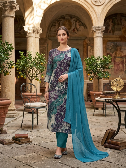 Teal Printed Kurti Set With Solid Matching Pants With Dupatta CH-1