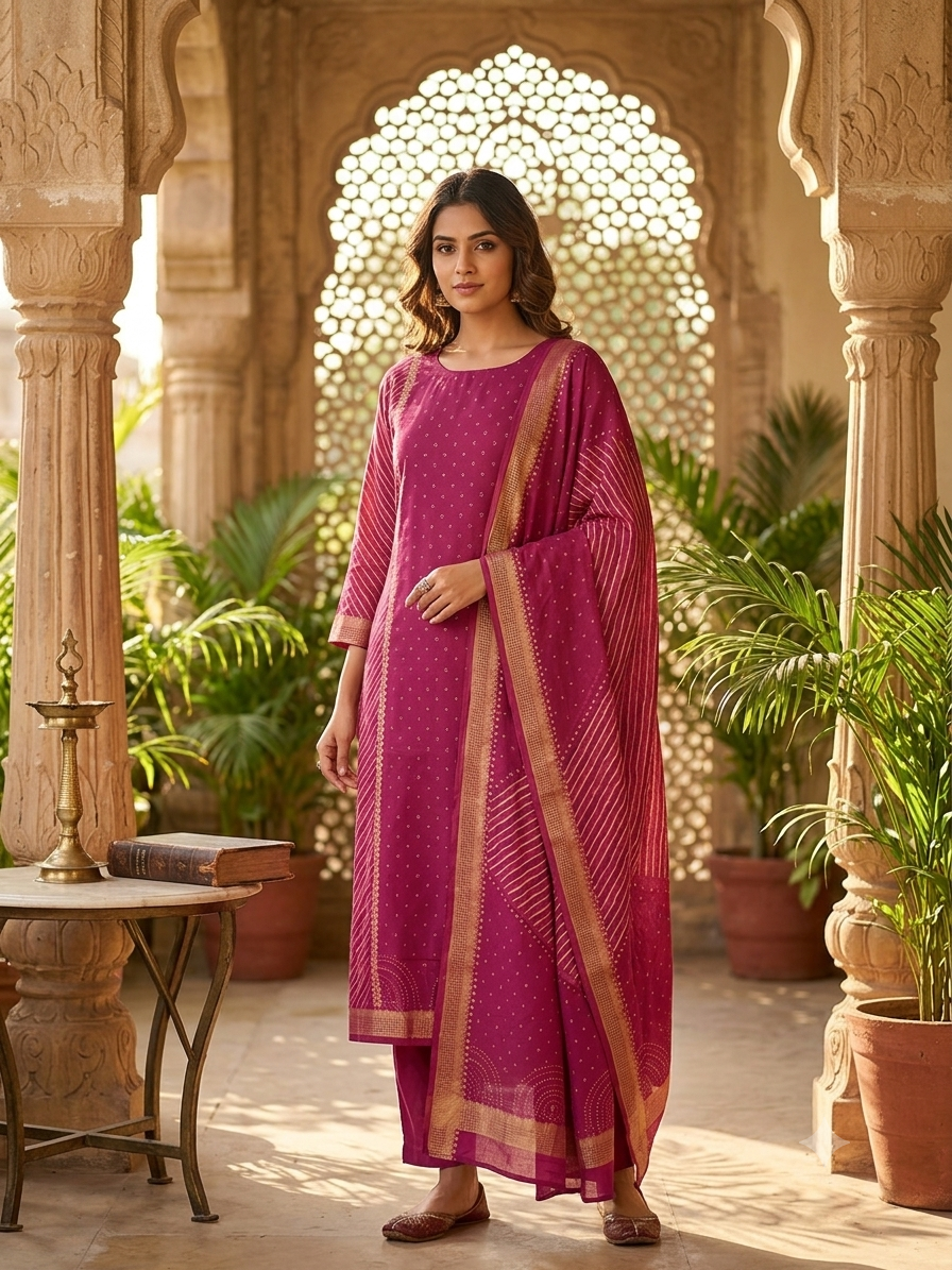 Bandhani Print Kurti Set With Matching Dupatta SD