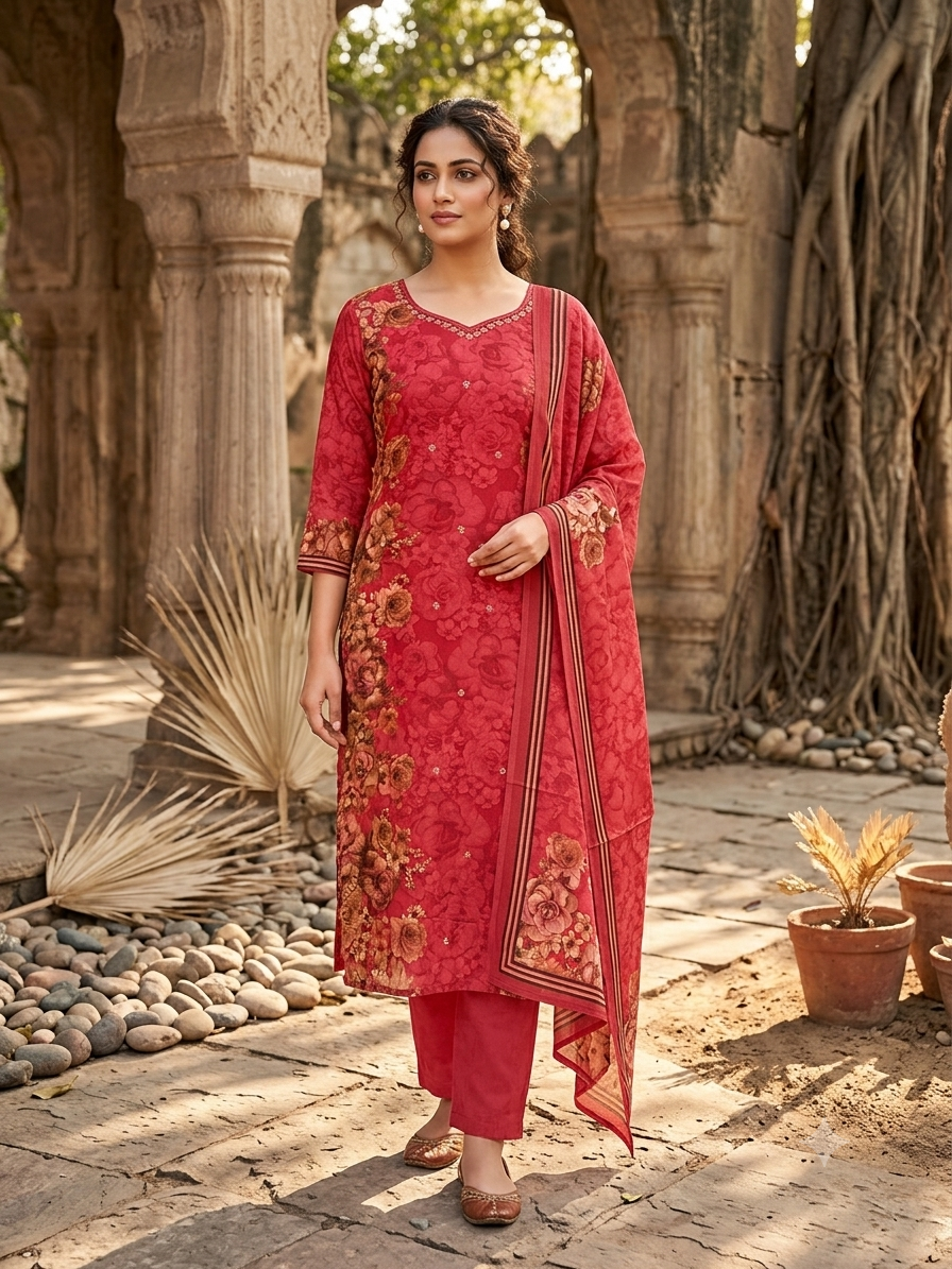 Red Floral Print Kurti Set With Matching Dupatta SD-1