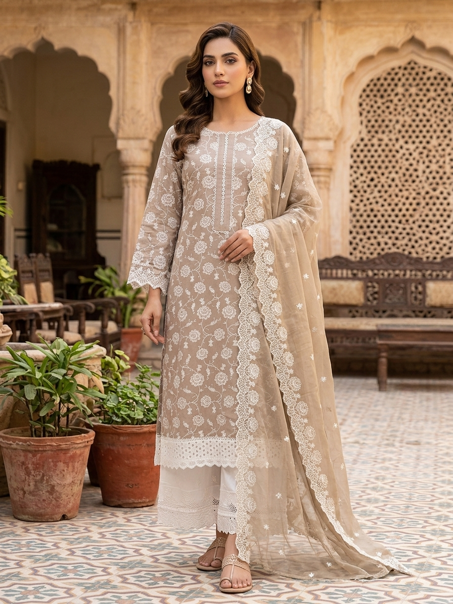 Elegant Beige Embroidered Kurta Set with Matching Dupatta RC-6