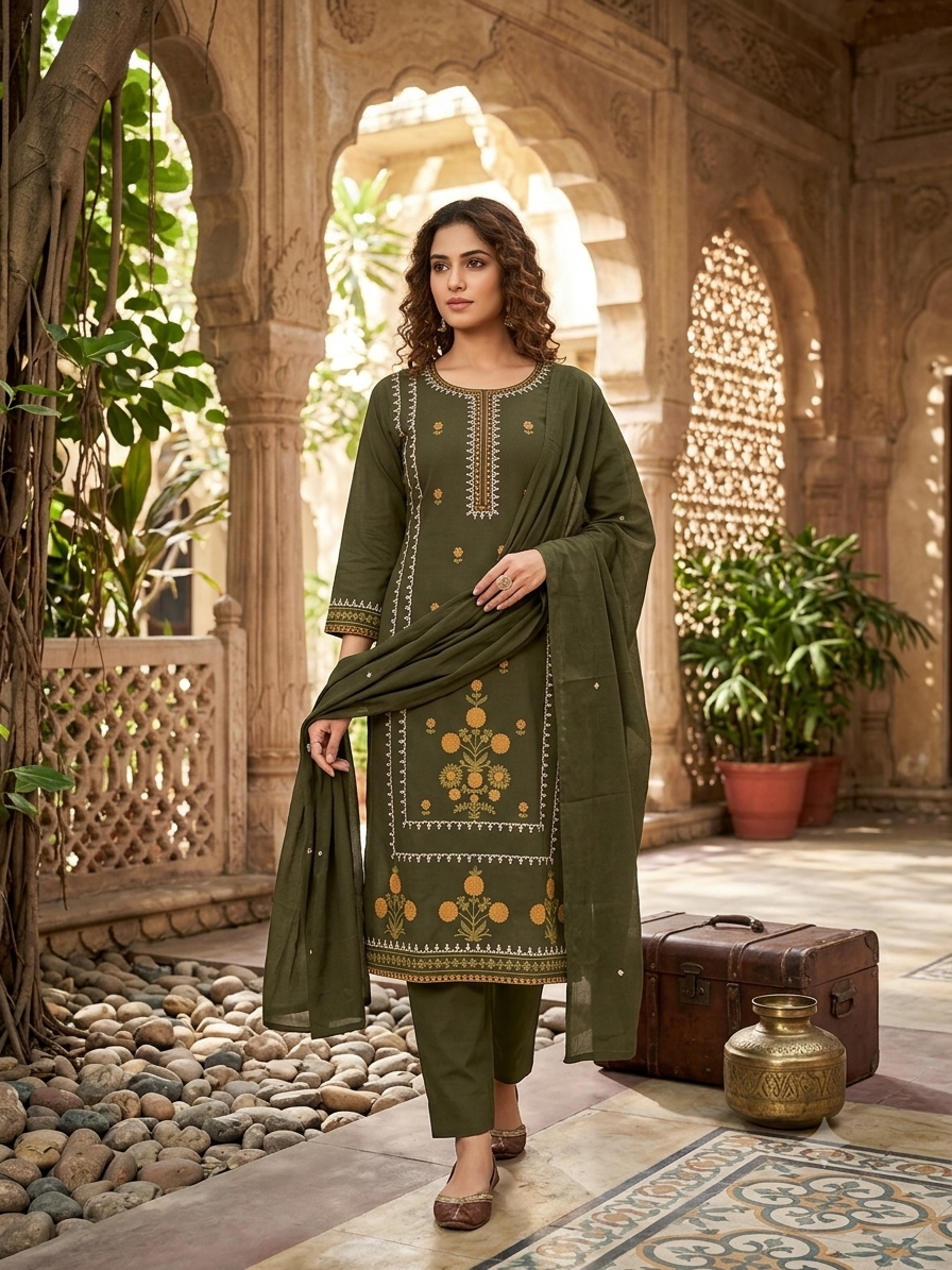 Olive Green Embroidered Kurti Set With Matching Dupatta 96447
