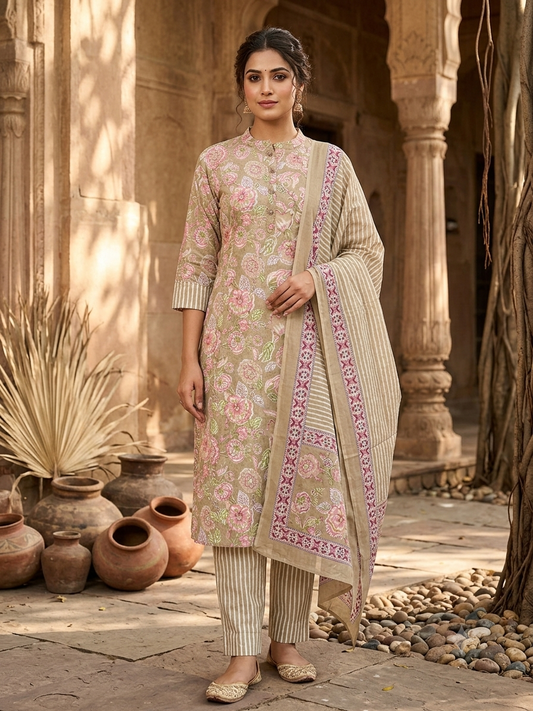 Floral Print Cotton Kurti Set With Striped Pants and Matching Dupatta CD-3