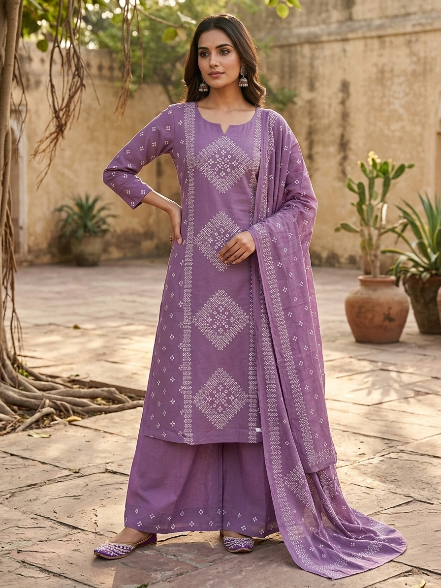 Purple Bandhani Print Kurti Set With Matching Palazzo and Dupatta 96916