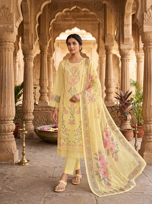 Stunning Yellow Embroidered Kurti Set With Floral Dupatta RC-10