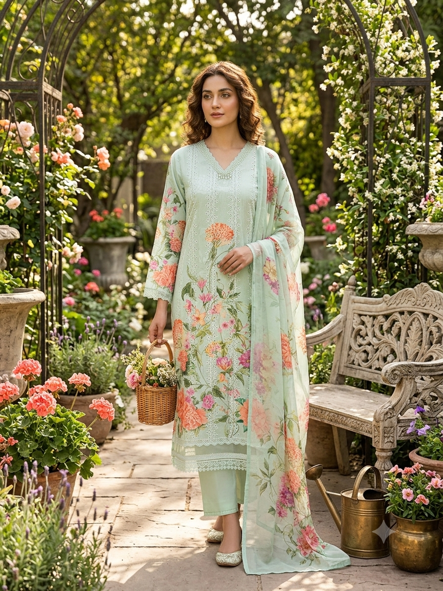 Mint Green Floral Embroidered Kurti Set With Sheer Dupatta RC-7