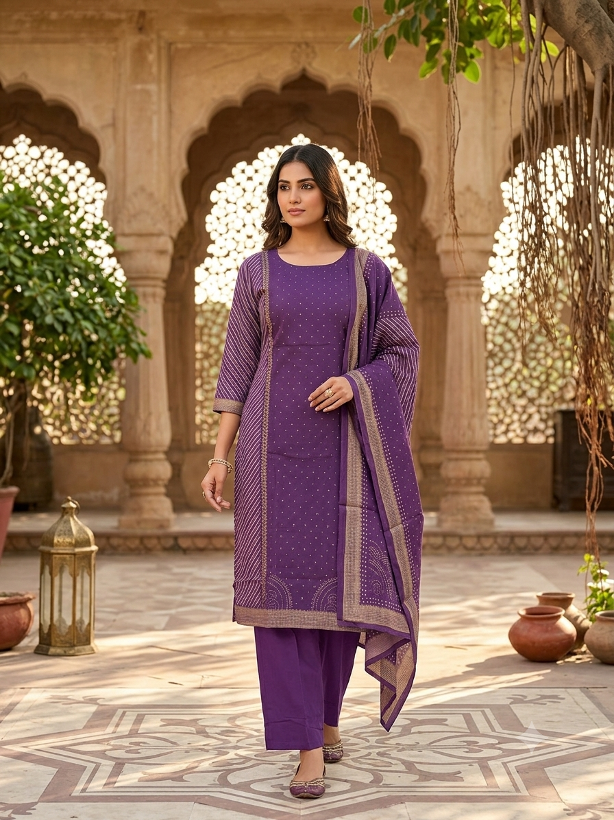 Purple Striped Kurti Set With Matching Dupatta SD