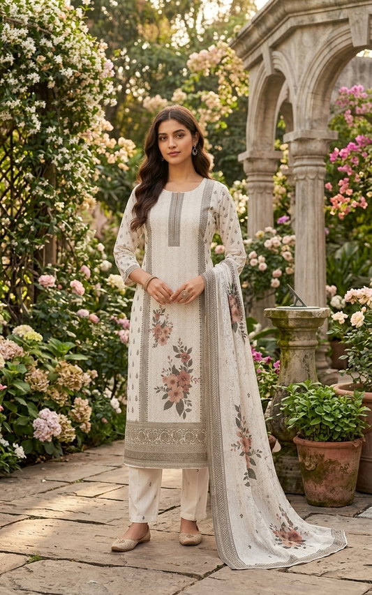 Floral Print Off-White Kurti Set With Matching Dupatta 12572